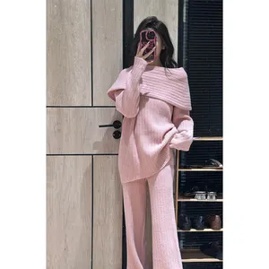 New 2024 classic off-shoulder sweater casual wide-leg pants two-piece suit sweater sets outwear ladies warm knitted set