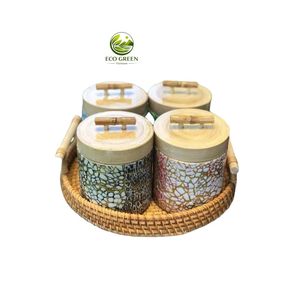 Boîte décorative artisanale en bambou écologique avec couvercle en bambou et col en nacre, organisateur de cuisine rustique, Vietnam Eco Green - Product Image 2