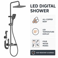 Ensemble de douche mural moderne en cuivre couleur bronze avec affichage LED, pommeau de douche carré pluie et massage, et douchette à main 4 fonctions