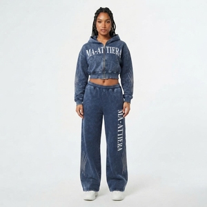 Conjunto de Sudadera Corta con Cremallera y Pantalones Anchos para Mujer, con Detalles Personalizados de Pedrería, Traje Deportivo de Dos Piezas - Product Image 1
