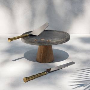 ฐานวางเค้กทรงกลมหินสีเทาโมเดิร์นพร้อมฐานไม้ตกแต่งลายผึ้งสีทอง ฐานวางขนมหวานแบบโมเดิร์นสำหรับตกแต่งบ้านและโรงแรม - Product Image 5