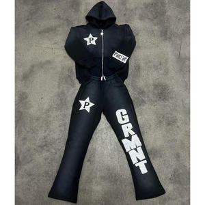 Conjunto de pantalones de chándal acampanados y Sudadera con capucha y cremallera de trabajo con parche bordado lavado ácido personalizado de talla grande para hombre - Product Image 2