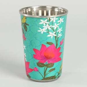 Vente en gros indien de 2 gobelets décoratifs en acier de grande hauteur avec motif imprimé perroquet et Lotus utilisé pour l'eau potable. - Product Image 2
