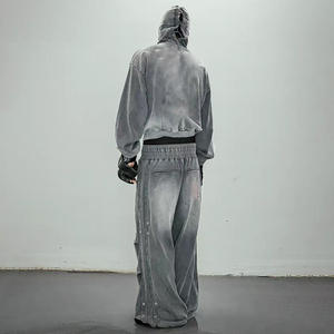 Survêtement personnalisé pour homme, mode, poids lourd, 100% coton, vintage, lavé, sweat-shirt à fermeture éclair intégrale, pantalon de survêtement ample - Product Image 5