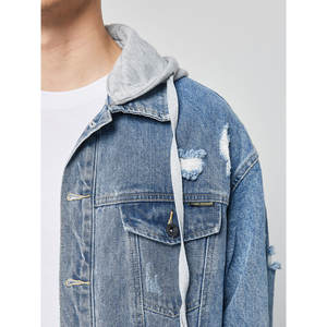 100% coton Denim veste hommes décontracté couleur unie à capuche hommes printemps Jean veste - Product Image 3
