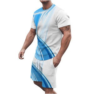 Conjunto de ropa deportiva de 2 piezas con diseño abstracto azul Impresión por sublimación Conjunto de ropa deportiva para hombres con pantalones cortos de impresión completa - Product Image 3