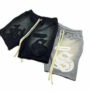 Pantalones cortos desgastados con lavado ácido para hombre, holgados con cordón de algodón de verano con bordado gráfico, teñido liso - Product Image 3