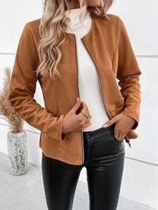 Chaqueta Bomber de cuero elegante Vintage para mujer, cremallera frontal roja con cuello de solapa, manga larga, traje de punto de piel de oveja a la moda - Product Image 3