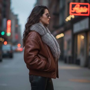 Blouson aviateur en cuir véritable pour femme, coupe fine, coupe-vent, avec col en fourrure de renard, style motard, streetwear d'hiver - Product Image 2