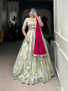 ผ้าไหมทัสซาร์พิมพ์ลายดอกไม้ออกแบบล่าสุดทำงาน lahenga choli - Product Image 4