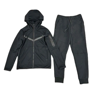 Haute qualité hommes vêtements usine bouffée impression épais coton noir uni vierge polaire dessiner chaîne pantalons de survêtement et survêtement ensemble - Product Image 1