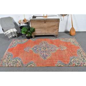 Alfombra de lana Vintage naranja y Beige, 4,1x7,7 pies, clásica, área grande, patrón de pasillo rectangular turco para dormitorio con respaldo de látex - Product Image 1