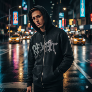 Mens <b>Vintage</b> Washed <b>Zip</b>-<b>Up</b> <b>Hoodie</b> with Front Graphic Print Rhinestone Work Streetwear Style Full Zipper Hooded Sweatshirt - Product Image 6