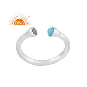 แหวนพลอยสีฟ้าและพลอยสีเทอร์ควอยซ์แบบปรับได้สีเงินบริสุทธิ์ - Product Image 1