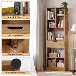 Modern Narrow Tall Bookshelf with Drawer Wooden Bookcase Open Display <strong>Shelf</strong> Storage <strong>Unit</strong> for Small Spaces Living Room Corner - Product Image 5