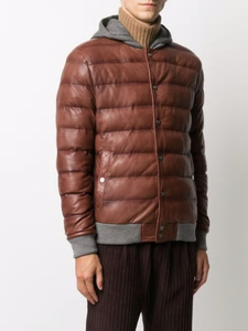 Chaqueta de cuero de oveja marrón 2025 para hombre personalizada con logotipo frontal de tela de lona con cuello levantado-impermeable y resistente al viento - Product Image 6