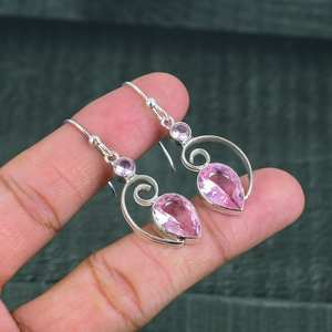 Pendientes colgantes de kunzita con luz rosa de plata 925, joyería de piedras preciosas con brillo suave para mujeres modernas para fiesta y regalo - Product Image 2