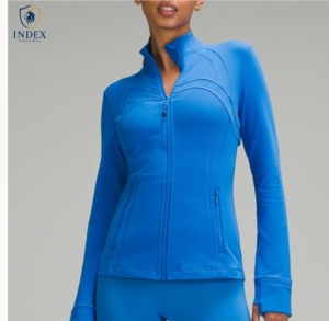 Veste de yoga zippée à manches longues pour femme Index Apparel, bleu uni, extensible, coupe classique - Product Image 1