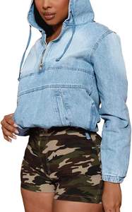 Sweat à capuche en jean pour femme, demi-zip, pull-over, haut en jean - Product Image 4