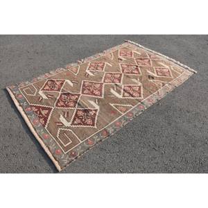 Alfombra de área de lana turca Vintage 4,5X7,9 pies marrón Beige diseño de retazos respaldo de látex rectangular grande-para pasillo habitación cabecera - Product Image 3