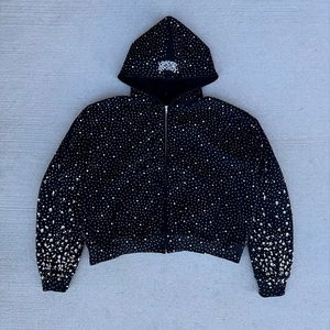 Premium Quality Custom Streetwear Men's <b>Zip</b>-<b>Up</b> <b>Hoodie</b> with Diamond Sparkle and <b>Black</b> Rhinestones 100% Cotton Winter - Product Image 1