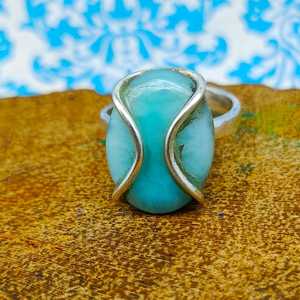 100% joyería fina, anillo de piedras preciosas Larimar de corte ovalado de plata genuina, ajuste de incrustaciones de diamantes de piedra azul encantadora para fiestas de bodas - Product Image 1
