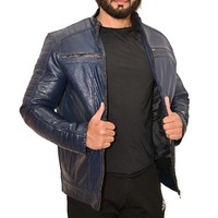 Unisex Marineblau Echtes Büffelleder Slim Fit Biker-Stil Winter Stehkragen Winddichte Umweltfreundliche Motorradjacke