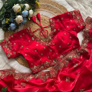 ชุดส่าหรีผ้าไหมอินเดียดีไซน์หรูหรา สไตล์ดั้งเดิม ลวดลายพิเศษ สำหรับงานปาร์ตี้ งานแต่งงาน พร้อมเสื้อคลุมสำหรับผู้หญิง - Product Image 2