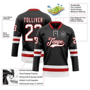 Équipe sportive personnalisée noire Logo sur mesure Sublimation imprimé/brodé maillot de hockey sur glace à col en dentelle personnalisé 100% Polyester - Product Image 3