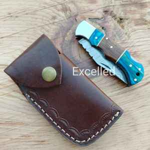 ที่กําหนดเองทําด้วยมือดามัสกัสกลับล็อคมีดพับด้ามไม้ฟรีหนังเปลือกมีด - Product Image 5