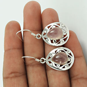 Boucles d'oreilles fines en argent sterling 925 faites à la main Design unique Quartz rose naturel Pierre précieuse Exportateur de bijoux de mode pour femmes - Product Image 4