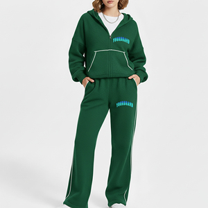 Vente chaude 100% coton polaire 300 GSM couleur unie survêtement pour les femmes broderie personnalisée Logo passepoil 2 pièces survêtement ensemble - Product Image 1