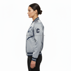 Chaqueta Bomber Casual de Satén para Mujer, con Bordado, Cierre de Botones Cubiertos, Tela de Poliéster, Mangas Raglán, Resistente al Viento, Estilo Universitario de Verano - Product Image 5