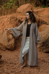 Kimono 100% coton gris clair naturel Robe longue Boho Earthy Handloom Style décontracté Motif respirant et solide - Product Image 4