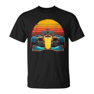 T-shirt promozionale Sunset Retro Racing Car con grafica di auto da corsa in stile retrò su morbido cotone - Product Image 1