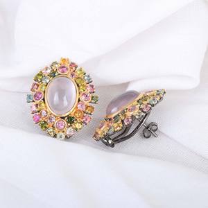 Pendientes de plata de ley 925 con gema de turmalina, joyería de cuarzo rosa ovalada, con cierre de tuerca, para bodas - Product Image 2