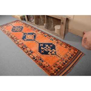 Turkish <b>Vintage</b> <b>Rug</b>, 2.9x10.2 ft Herki <b>Rug</b>, Orange Blue Southwestern Wool <b>Rug</b> - Product Image 3