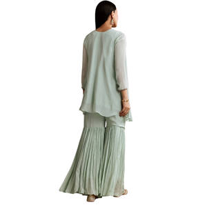 Vente en gros bleu ciel Chinon évasé Kurta Sharara ensemble avec fil travail pour fête de mariage porter réception de fête et commandes personnalisées - Product Image 3