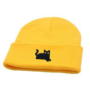 Chapeau en tricot chaud d'automne et d'hiver pour hommes et femmes, joli motif de chat noir brodé, bonnet en laine - Product Image 6