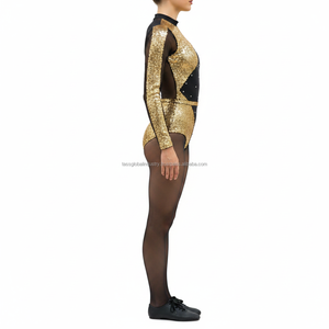 Combinaison de danse scintillante dorée de luxe pour femme, tenue de gymnastique élégante à manches en maille - Product Image 3