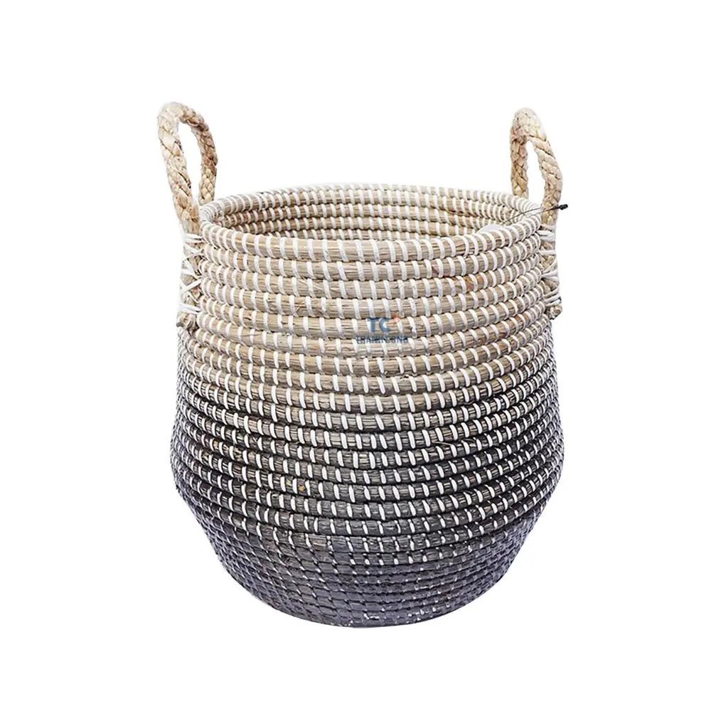 Natural seagrass storage basket woven seagrass hamper with handles rattan laundry basket for boho decor from Vietnam