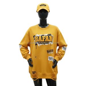 Sweat-shirt oversize pour femme en coton molletonné GSM, toucher doux, ourlet déchiré jaune, logo personnalisé, impression sérigraphique, sweat-shirts respirants pour femme - Product Image 1