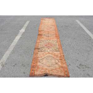 Alfombra de lana Vintage naranja y Beige de 2,6x12,1 pies, diseño de retazos de área grande clásico turco para adolescentes, estilos de pasillo rectangulares de látex - Product Image 1