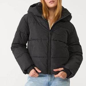 Wholesale Casual Style Women's <b>Black</b> <b>Cropped</b> Puffer Jackets Hooded Collar <b>Long</b> <b>Sleeves</b> 100% Polyester Women Winter Outdoor Wear - Product Image 1