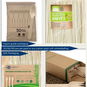 Juego de tenedor de cuchillo de cuchara de bambú desechable de primera calidad 100% ecológico Biodegradable Natural para fiestas de comida - Product Image 3