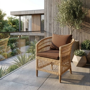 Fauteuil en rotin tressé naturel, fauteuil d'appoint en forme de tonneau avec coussin marron, chaise de jardin d'extérieur, décoration d'intérieur, design artistique pur - Product Image 3