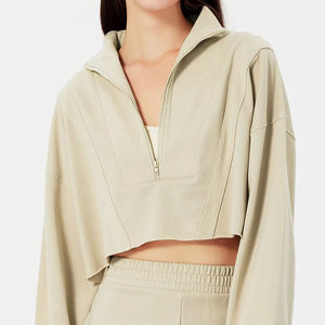 Haut d'entraînement court léger pour femmes sweats à capuche quart fermeture éclair motif solide tissu tricoté doux décontracté conception courte longueur - Product Image 2