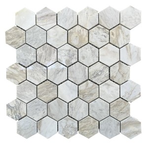 Carreaux de mosaïque hexagonaux de 2 pouces, blanc, gris et noir, marbre, style moderne, pour mur de salle de bain, résistants à l'eau, style contemporain intérieur - Product Image 2