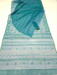 Qualité d'exportation exclusive GREEN Deshi Dhakai Jamdani Coton Sharee pour femmes Occasion spéciale Entièrement cousu Prêt Bleu Doré - Product Image 4