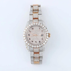 Two Tone Luxurious Style Iced Out Moissanite Diamond Studded <b>Watch</b> <b>Arabic</b> Dial Quartz Movement Date Function for Men and Women - Product Image 4